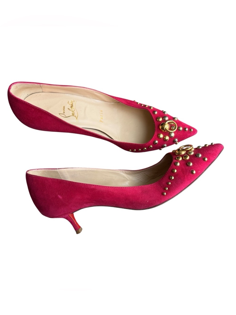 Christian Louboutin - Pink Suede Studded Pointed Toe Kitten Heel Pumps Sz 37